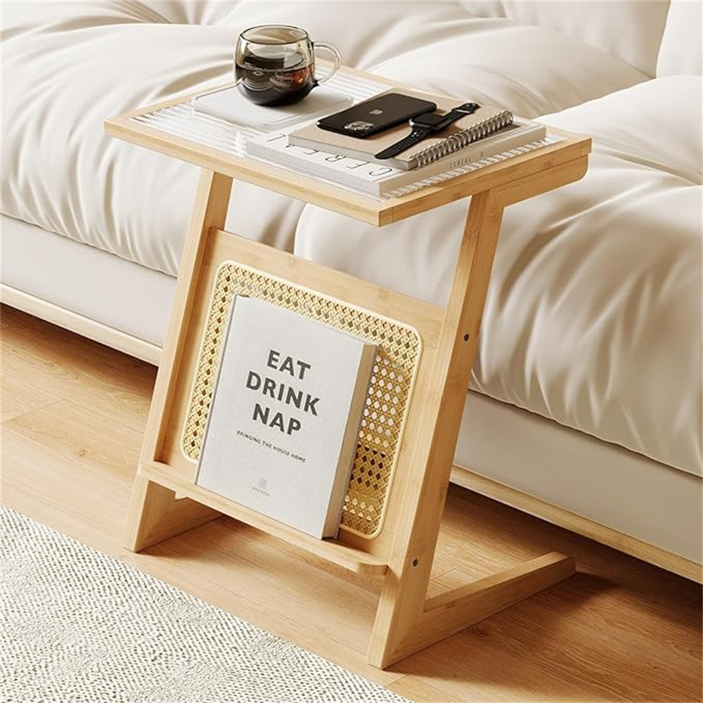 Rattan Side Table Z Shape Mid Century Modern End Table Glass Bedside Table Small Boho Tables Bamboo Coffee Table with Storage for Living Room Bedroom